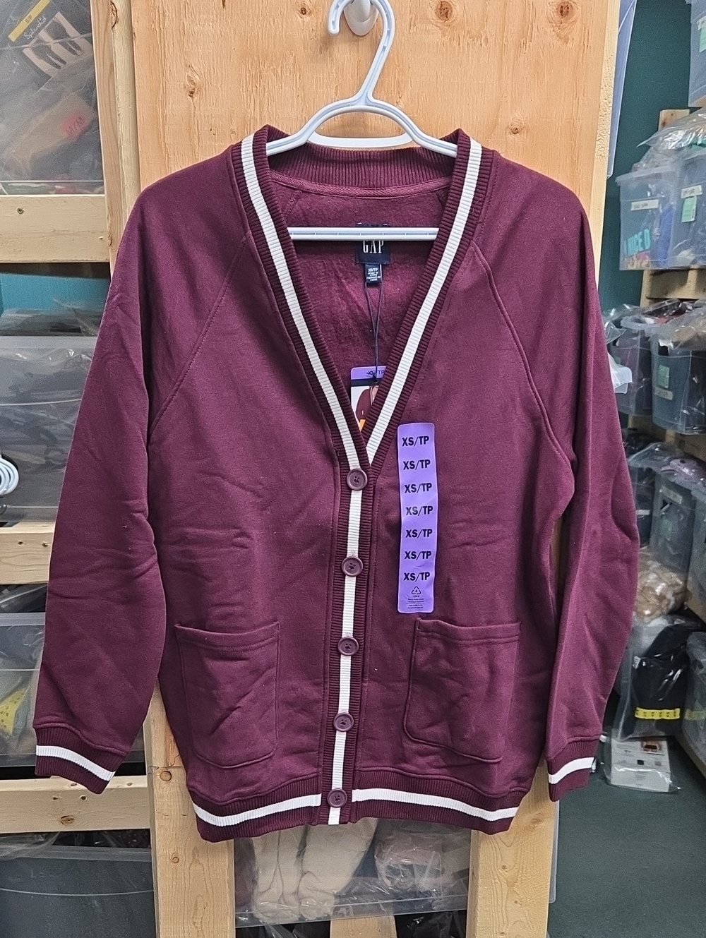 GAP Size XS Burgundy White Button Down Cardigan